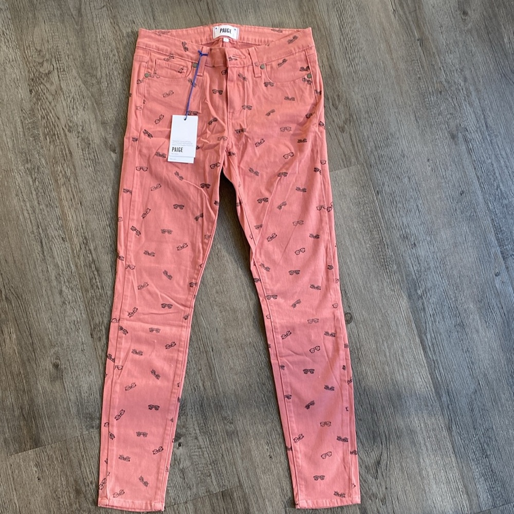 Paige ankle mid rise ultra skinny jeans in a fun muted pink, sunglasses pattern